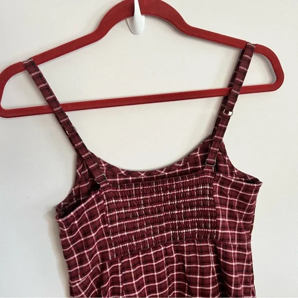 Hollister Women Size Medium Red Plaid Dress Burgundy Cotton Fall - Picture 4 of 8